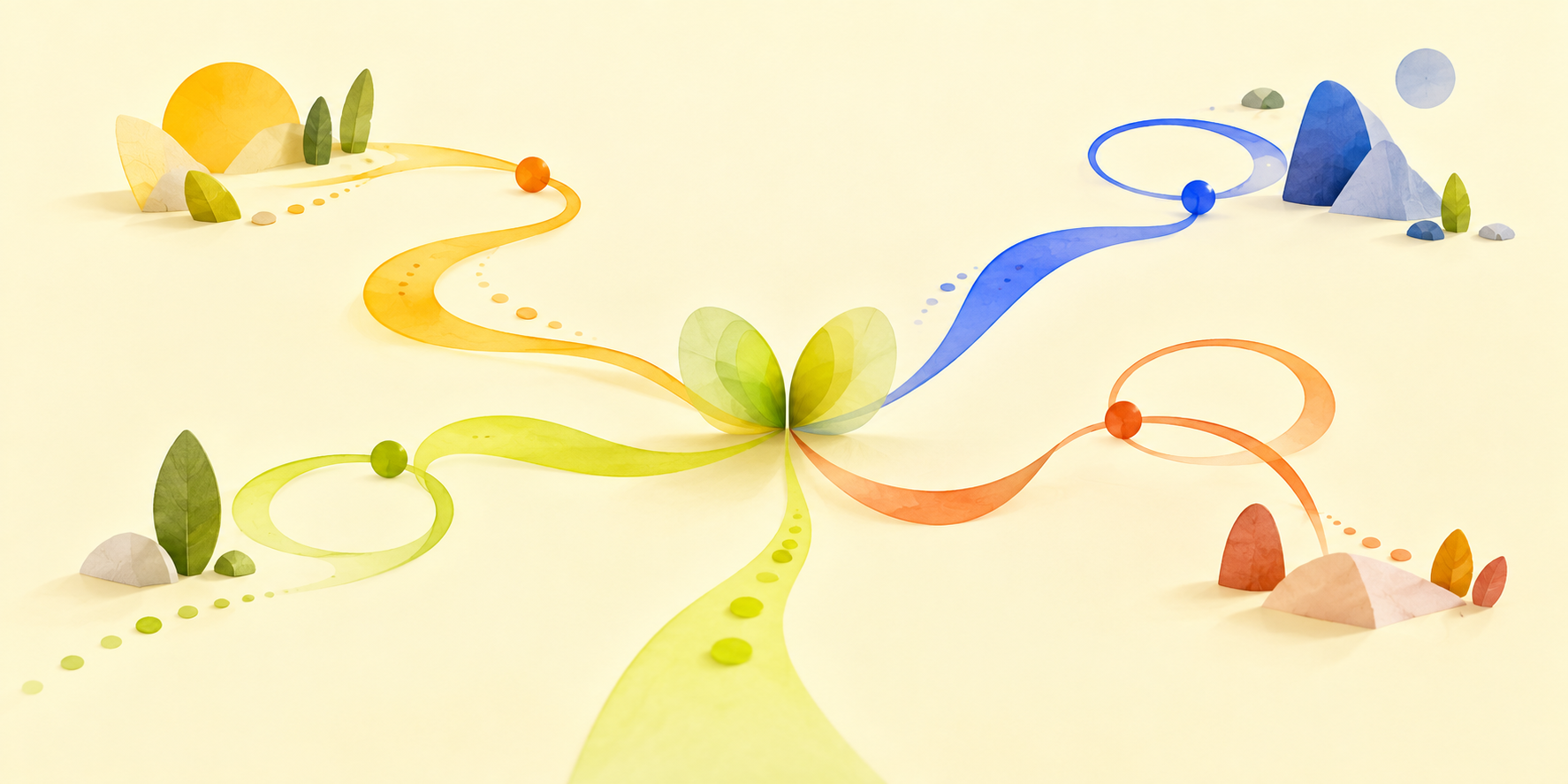 Colorful branching paths around a symmetric central form on a warm cream background